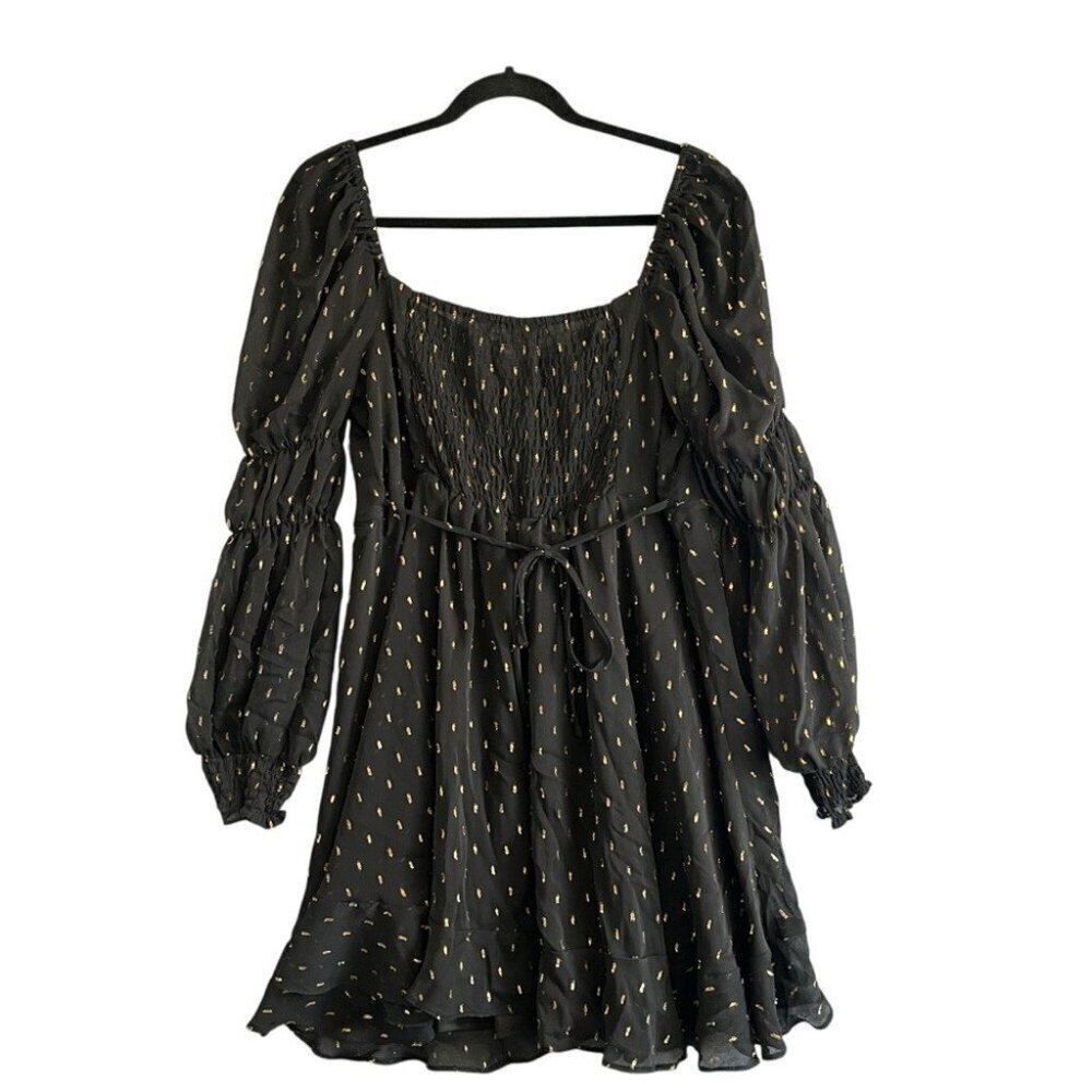 MISS SELFRIDGE Fit & Flare Black Mini Dress with Gold Foil Accents Size 12 NWT - Picture 2 of 11